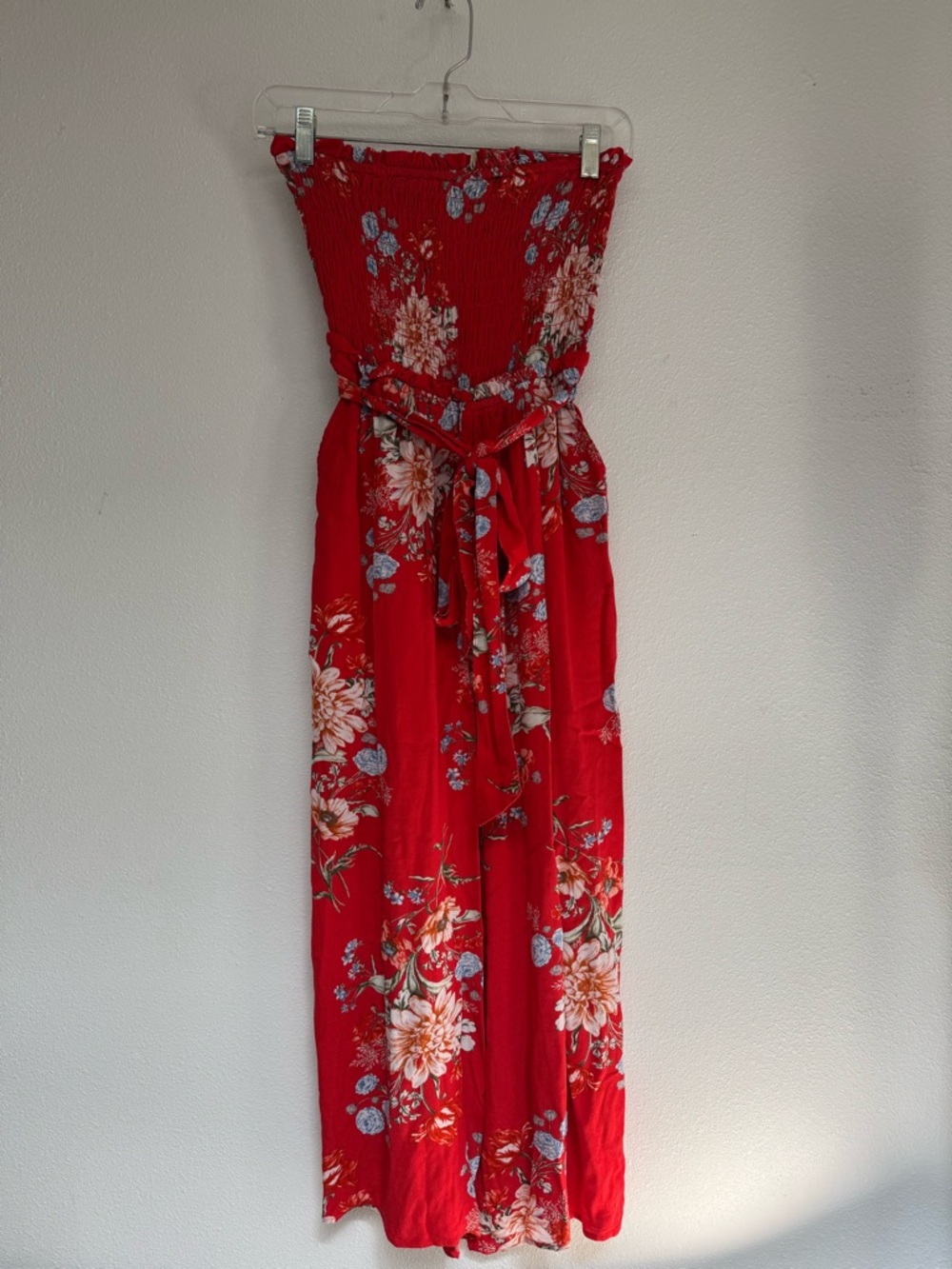 American Eagle Outfitters Red Floral Strapless Jumpsuit